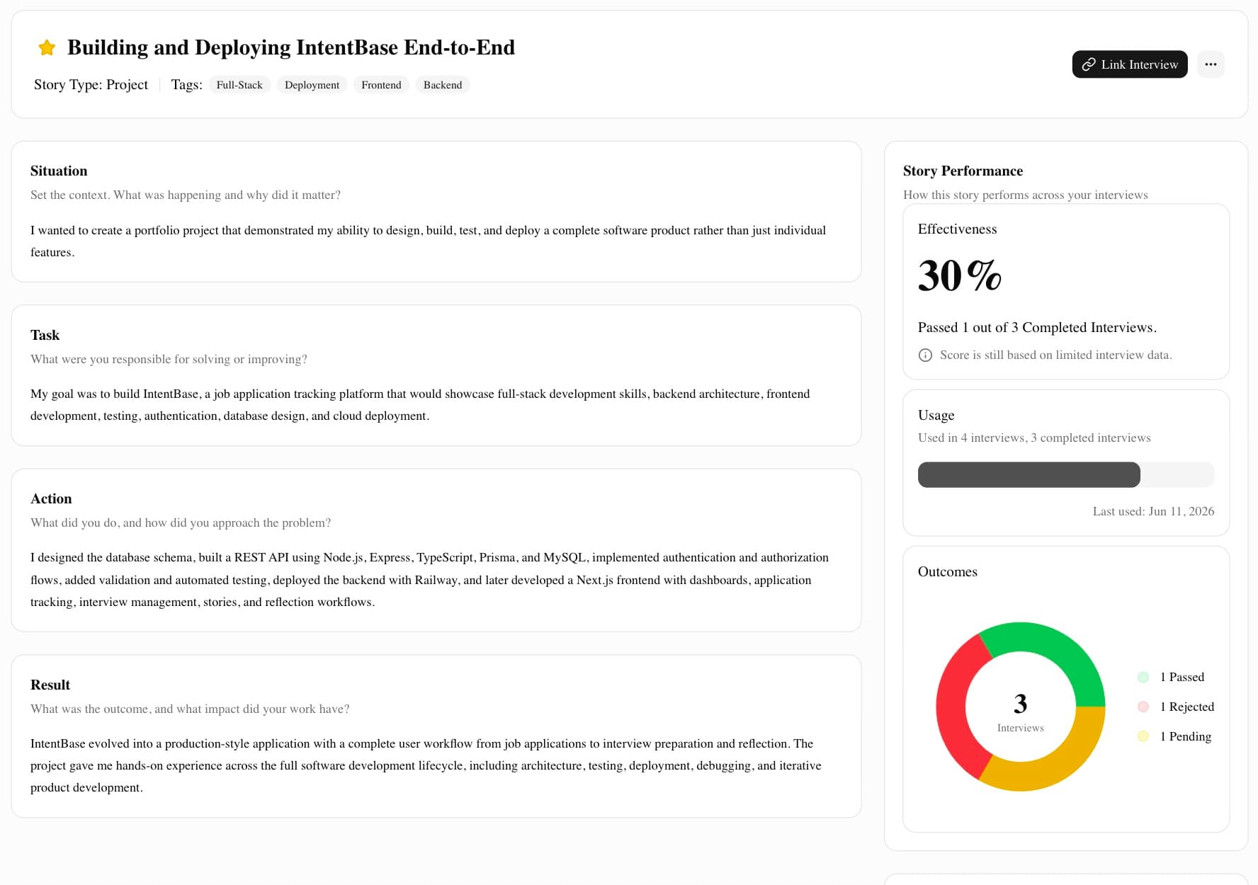 IntentBase story details screen with performance insights